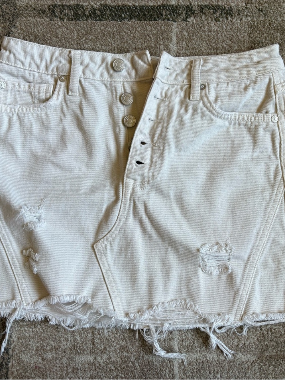Free People Distressed Denim Mini Skirt Womens 27 White Button Fly Boho